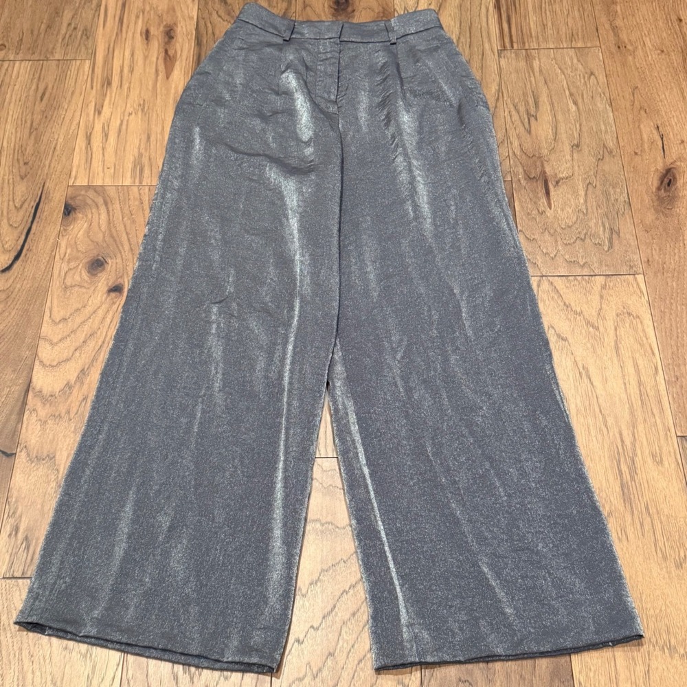 Maeve Anthropologie Metallic Silver Wide Leg Pants High Rise Trouser Size 4